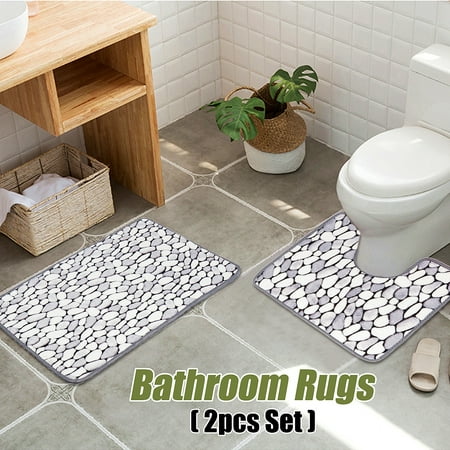 2Pcs Pebbles Bath & Pedestal Mat Set Non Slip Soft Super Absorbent Bathroom Rugs